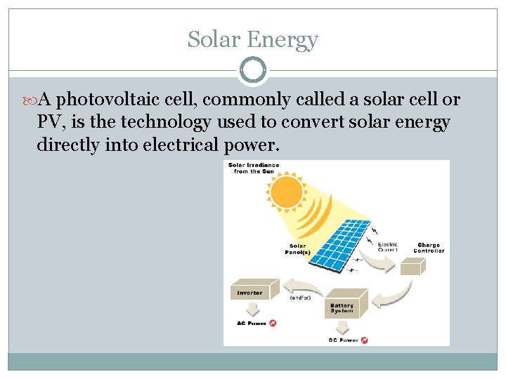 Solar Energy A photovoltaic cell, commonly called a solar cell or PV, is the