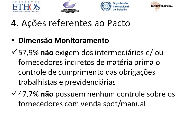 4. Ações referentes ao Pacto • Dimensão Monitoramento ü 57, 9% não exigem dos