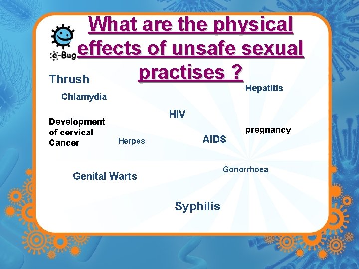 What are the physical effects of unsafe sexual practises ? Thrush Hepatitis Chlamydia Development