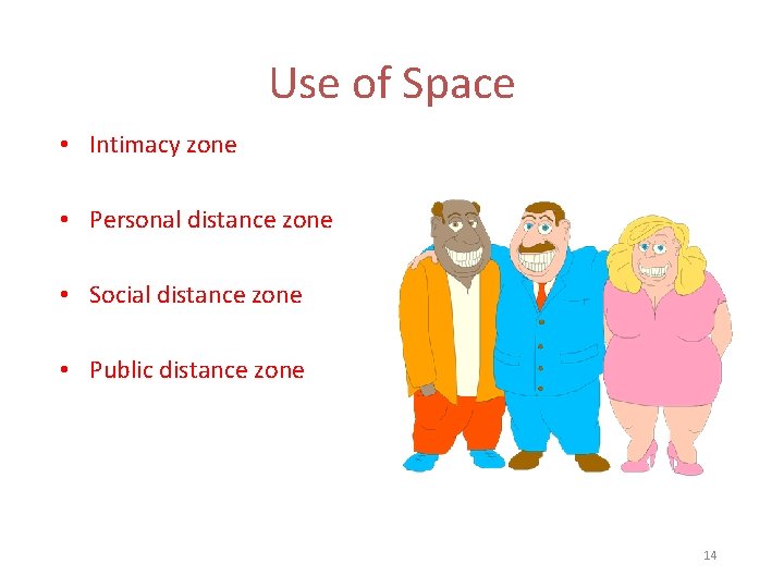 Use of Space • Intimacy zone • Personal distance zone • Social distance zone
