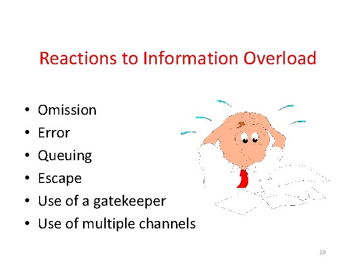 Reactions to Information Overload • • • Omission Error Queuing Escape Use of a