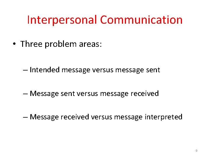 Interpersonal Communication • Three problem areas: – Intended message versus message sent – Message