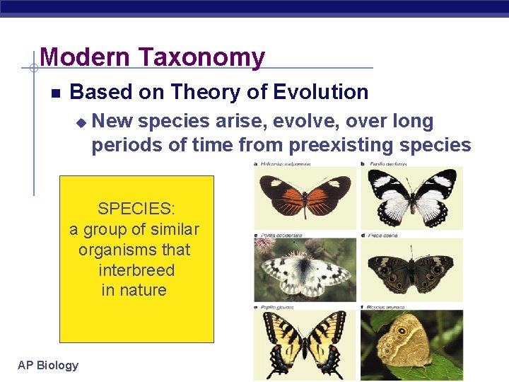 Modern Taxonomy Based on Theory of Evolution u New species arise, evolve, over long