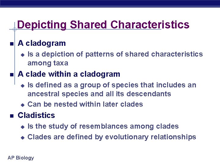 Depicting Shared Characteristics A cladogram u A clade within a cladogram u u Is