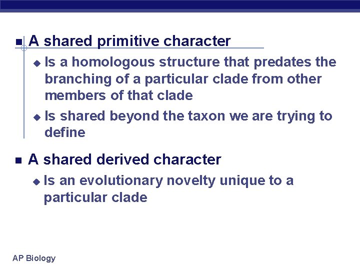  A shared primitive character Is a homologous structure that predates the branching of