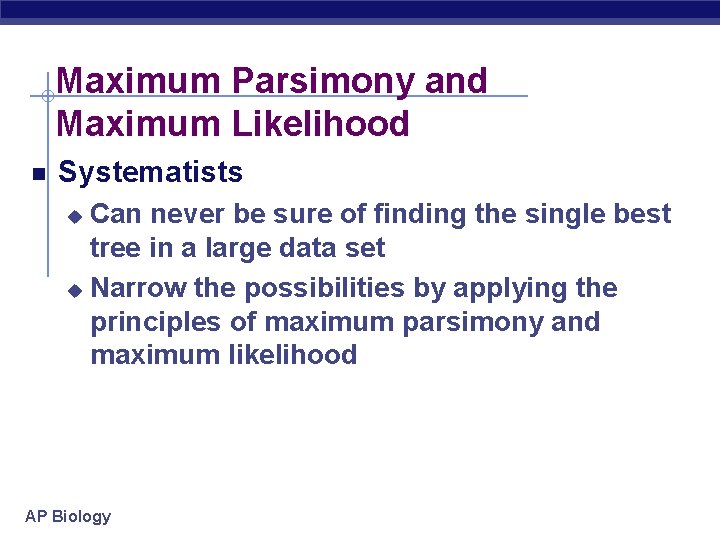 Maximum Parsimony and Maximum Likelihood Systematists Can never be sure of finding the single