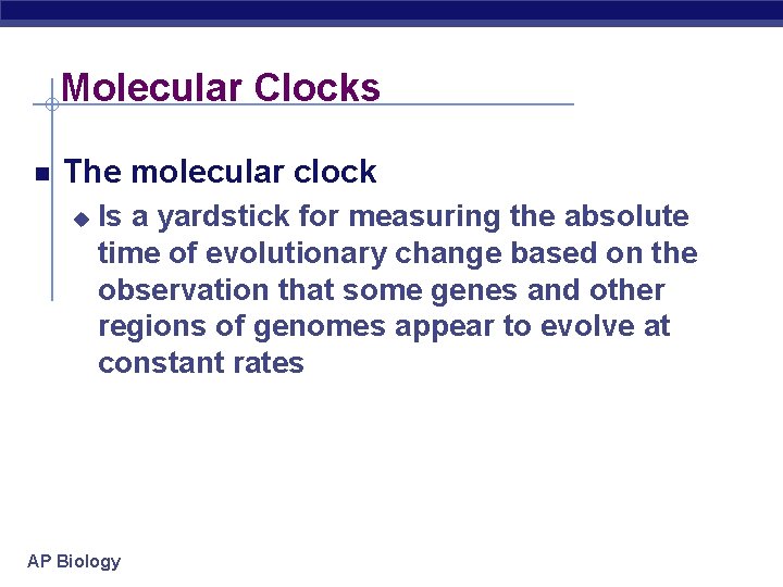 Molecular Clocks The molecular clock u Is a yardstick for measuring the absolute time