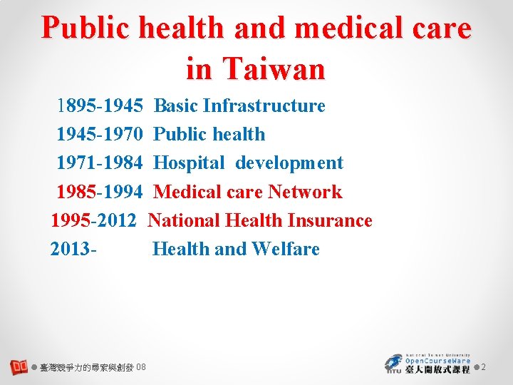 Public health and medical care in Taiwan 1895 -1945 Basic Infrastructure 1945 -1970 Public