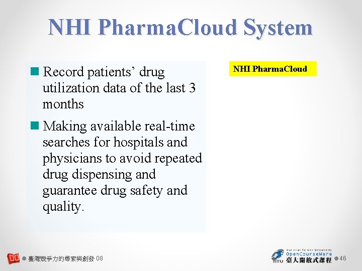 NHI Pharma. Cloud System Record patients’ drug utilization data of the last 3 months
