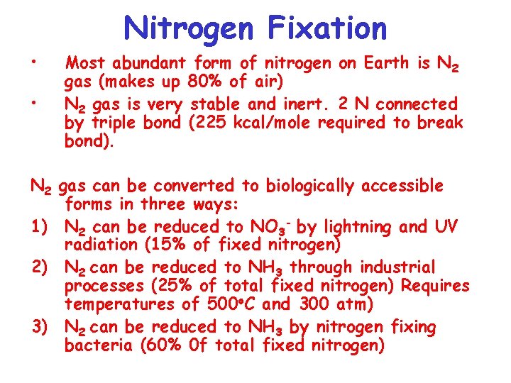 Nitrogen Fixation • • Most abundant form of nitrogen on Earth is N 2