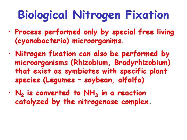 Biological Nitrogen Fixation • Process performed only by special free living (cyanobacteria) microorganims. •