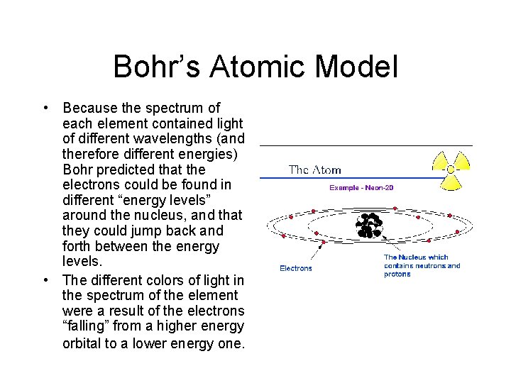 Bohr’s Atomic Model • Because the spectrum of each element contained light of different