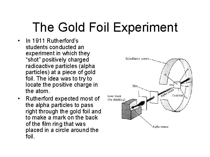 The Gold Foil Experiment • In 1911 Rutherford’s students conducted an experiment in which