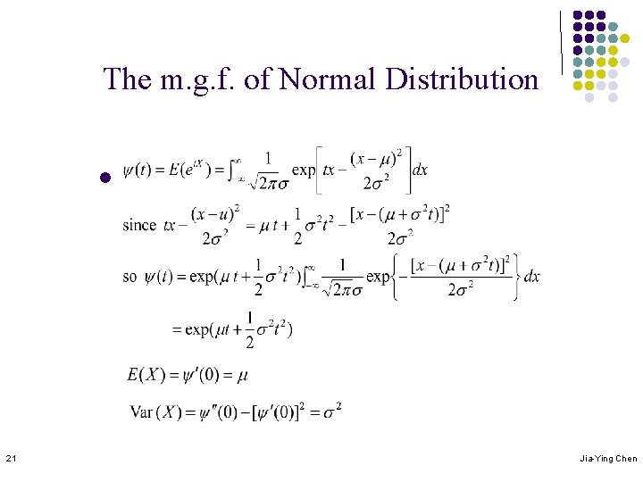 The m. g. f. of Normal Distribution l 21 Jia-Ying Chen 