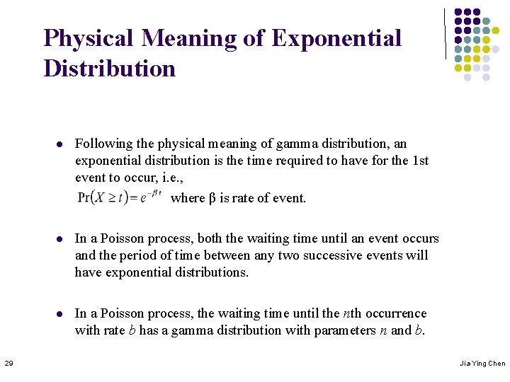 Physical Meaning of Exponential Distribution 29 l Following the physical meaning of gamma distribution,