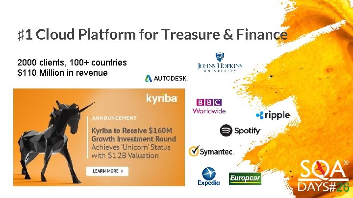 ♯ 1 Cloud Platform for Treasure & Finance 2000 clients, 100+ countries $110 Million