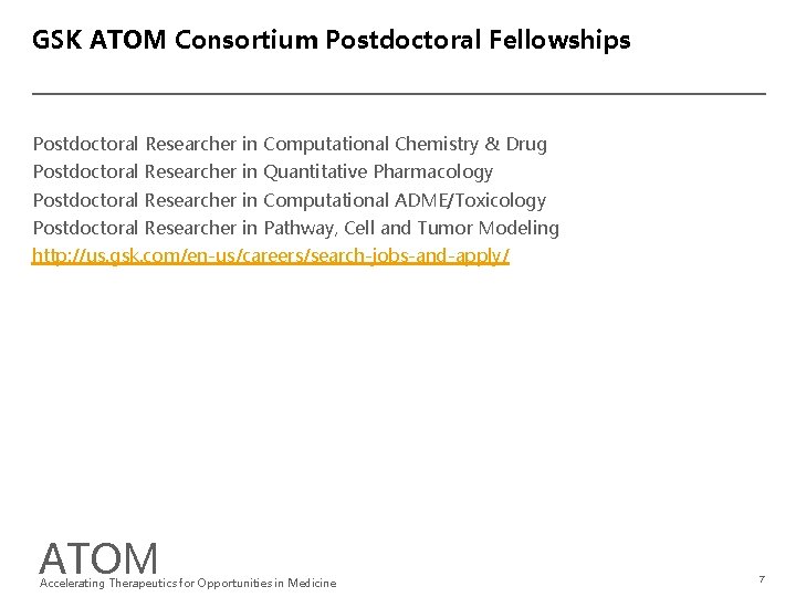 GSK ATOM Consortium Postdoctoral Fellowships Postdoctoral Researcher in Computational Chemistry & Drug Postdoctoral Researcher