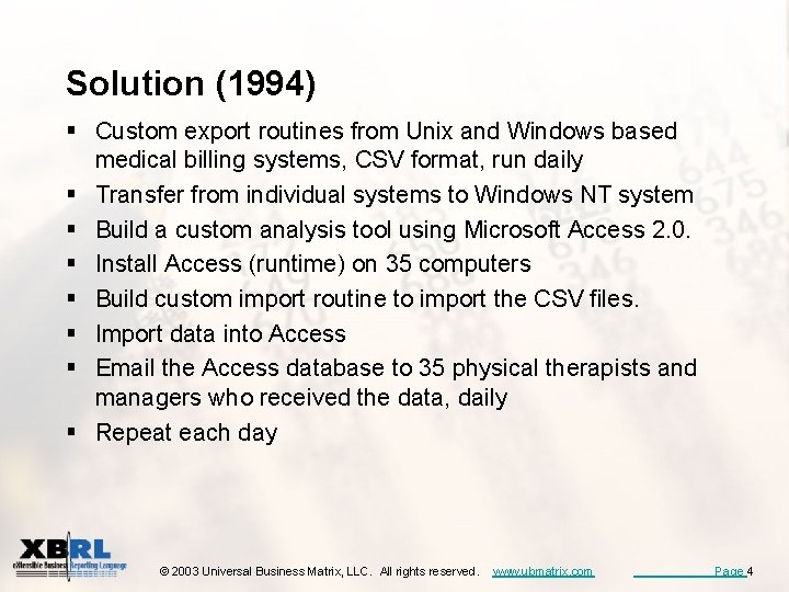 Solution (1994) § Custom export routines from Unix and Windows based medical billing systems,