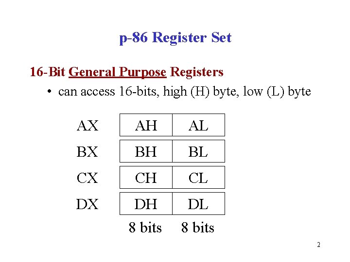 p-86 Register Set 16 -Bit General Purpose Registers • can access 16 -bits, high