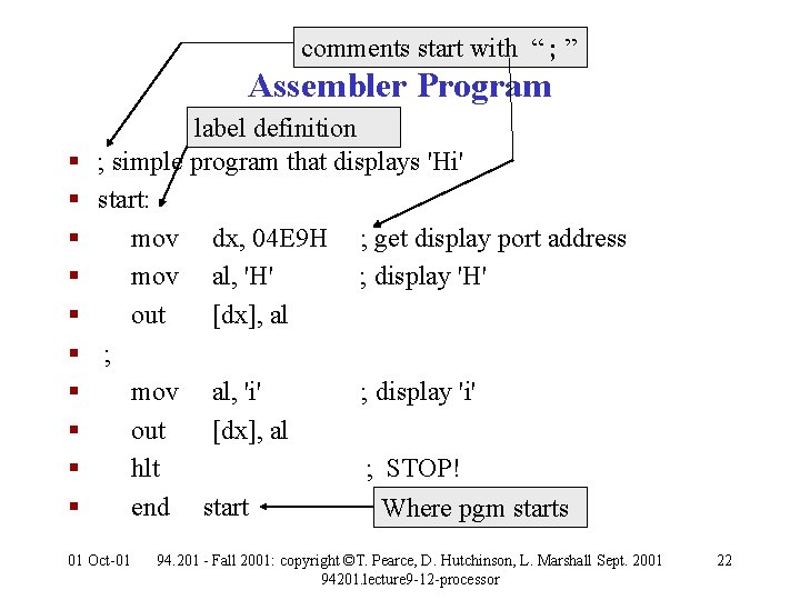 comments start with “ ; ” Assembler Program § § § § § label