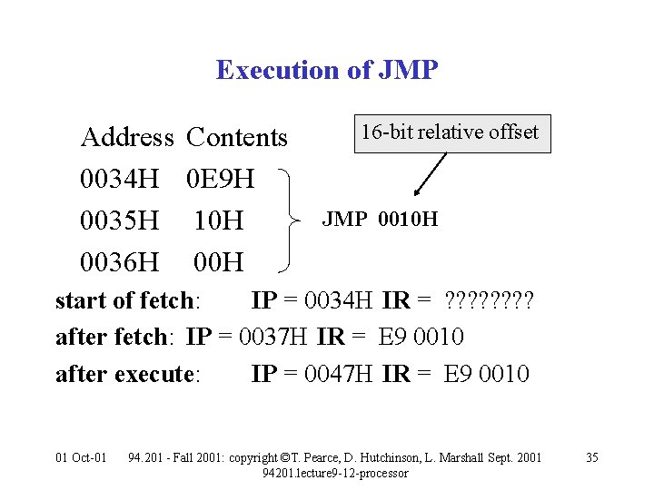 Execution of JMP Address 0034 H 0035 H 0036 H Contents 0 E 9