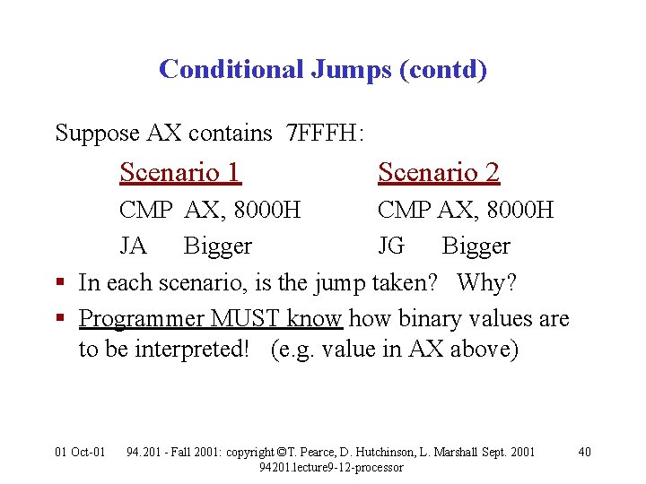 Conditional Jumps (contd) Suppose AX contains 7 FFFH: Scenario 1 Scenario 2 CMP AX,