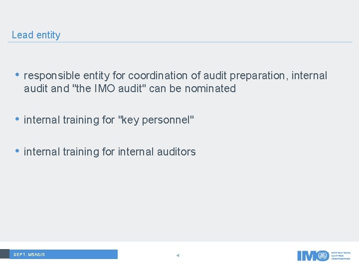 Lead entity • responsible entity for coordination of audit preparation, internal audit and "the