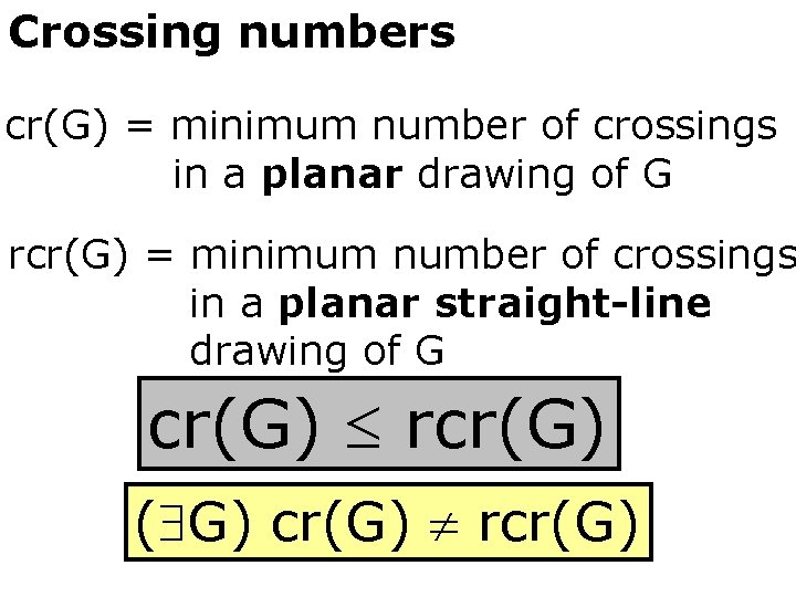 Crossing numbers cr(G) = minimum number of crossings in a planar drawing of G