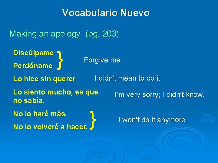 Vocabulario Nuevo Making an apology (pg. 203) Discúlpame Perdóname } Forgive me. Lo hice