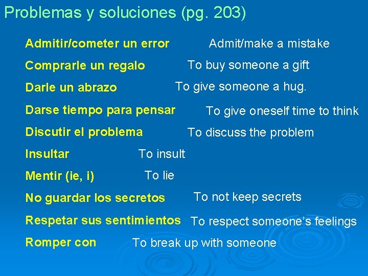 Problemas y soluciones (pg. 203) Admit/make a mistake Admitir/cometer un error To buy someone