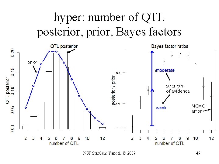 hyper: number of QTL posterior, prior, Bayes factors prior strength of evidence MCMC error