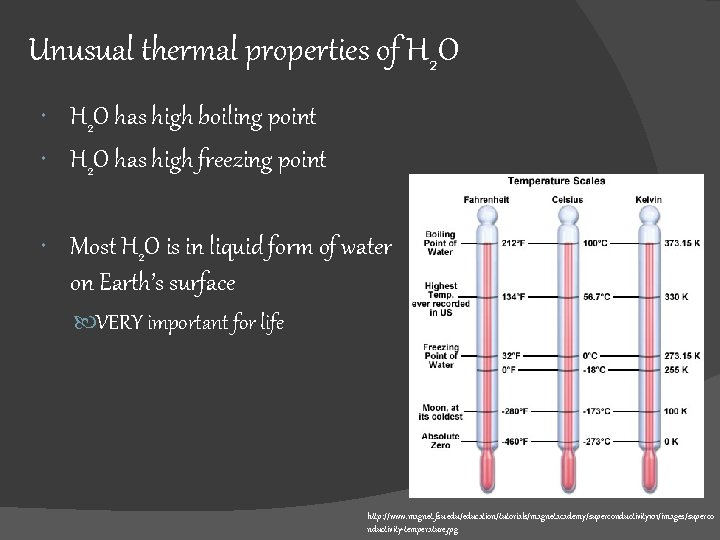 Unusual thermal properties of H 2 O has high boiling point H 2 O