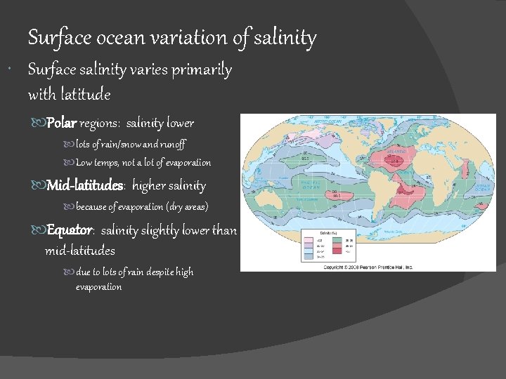 Surface ocean variation of salinity Surface salinity varies primarily with latitude Polar regions: salinity