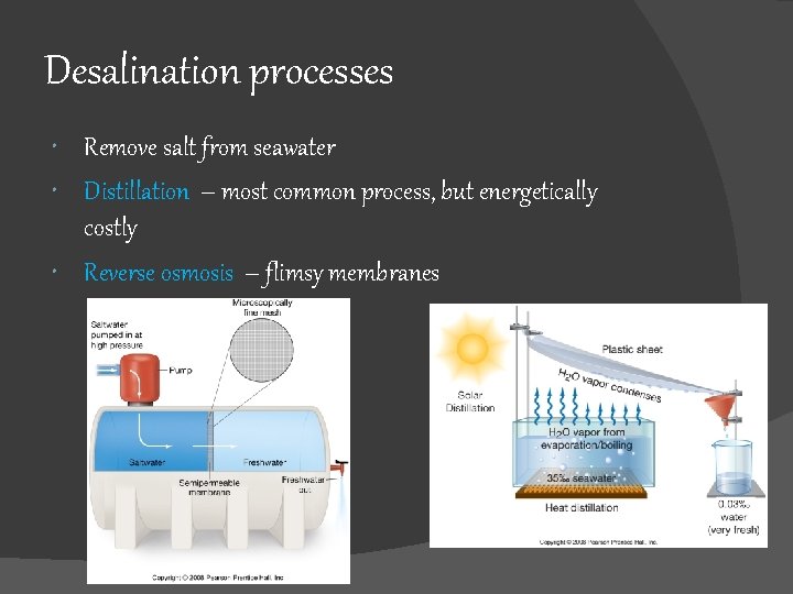 Desalination processes Remove salt from seawater Distillation – most common process, but energetically costly