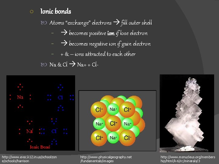 ○ Ionic bonds Atoms “exchange” electrons fill outer shell - becomes positive ion if