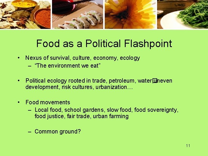 Food as a Political Flashpoint • Nexus of survival, culture, economy, ecology – “The