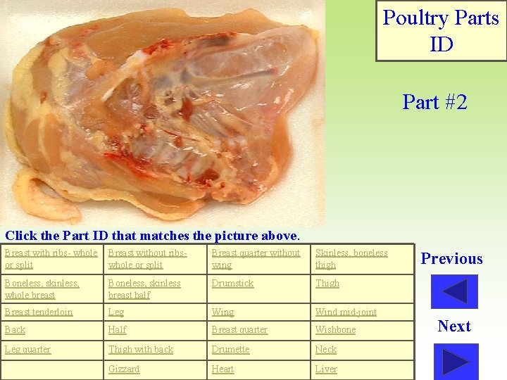 Poultry Parts ID Part #2 Click the Part ID that matches the picture above.