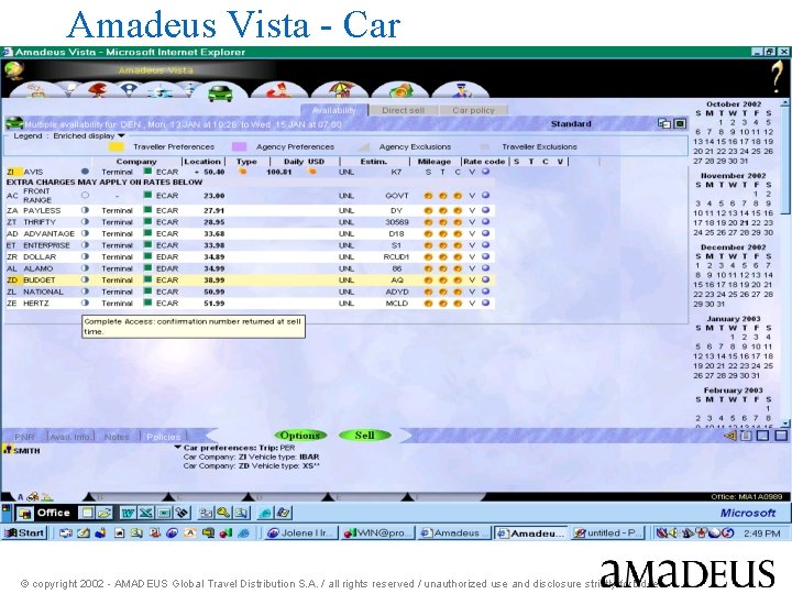 Amadeus Vista - Car © copyright 2002 - AMADEUS Global Travel Distribution S. A.