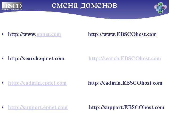 смена доменов • http: //www. epnet. com http: //www. EBSCOhost. com • http: //search.