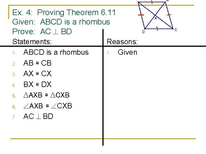 Ex. 4: Proving Theorem 6. 11 Given: ABCD is a rhombus Prove: AC BD