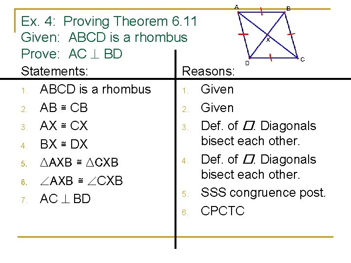 Ex. 4: Proving Theorem 6. 11 Given: ABCD is a rhombus Prove: AC BD