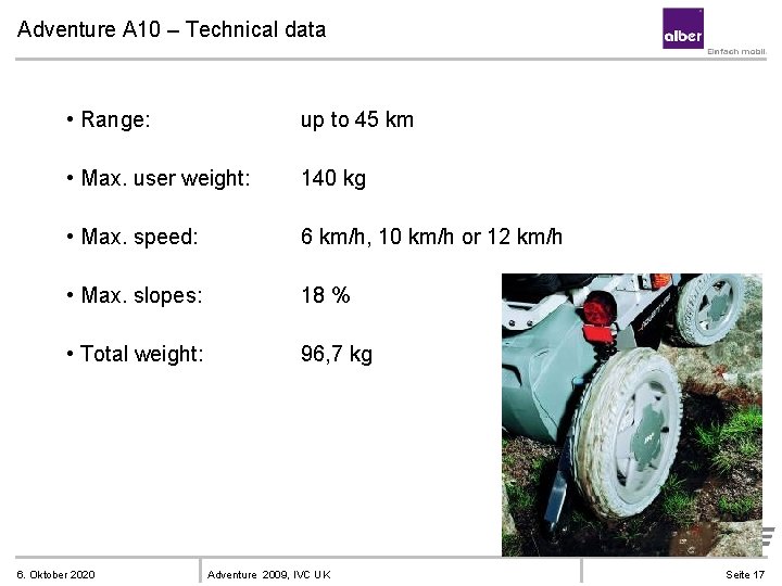 Adventure A 10 – Technical data • Range: up to 45 km • Max.