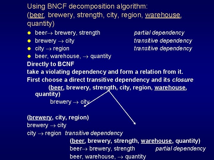 Using BNCF decomposition algorithm: (beer, brewery, strength, city, region, warehouse, quantity) beer brewery, strength