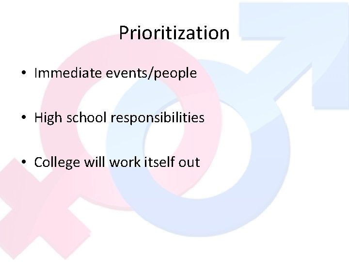 Prioritization • Immediate events/people • High school responsibilities • College will work itself out