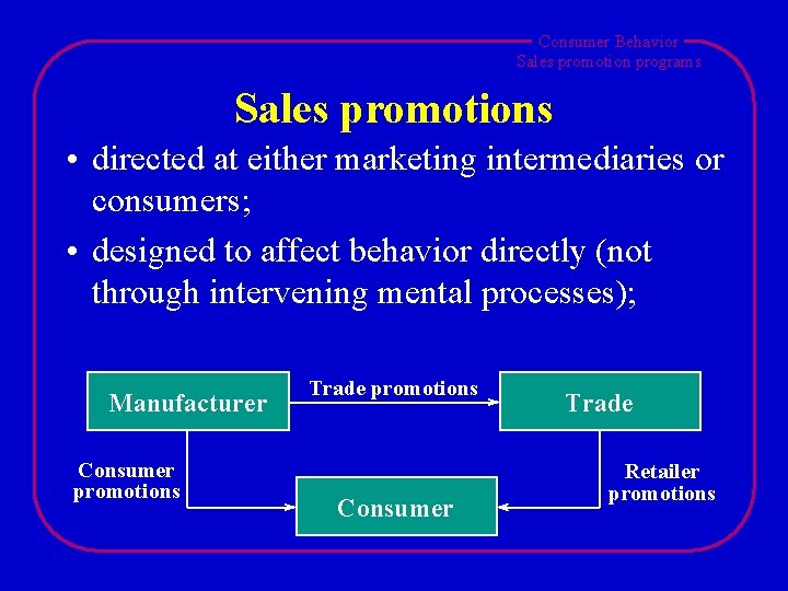 Consumer Behavior Sales promotion programs Sales promotions • directed at either marketing intermediaries or