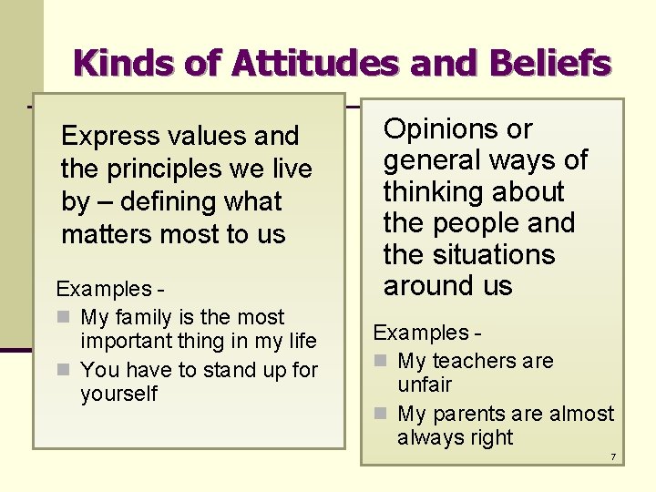 Kinds of Attitudes and Beliefs Express values and the principles we live by –