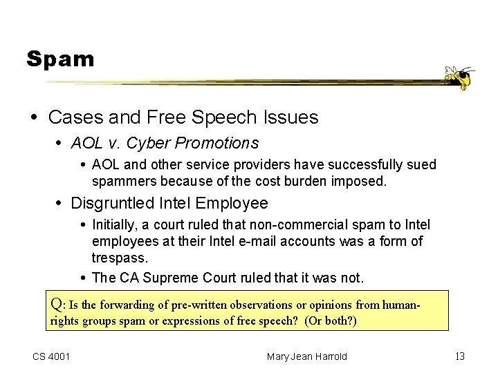Spam Cases and Free Speech Issues AOL v. Cyber Promotions AOL and other service