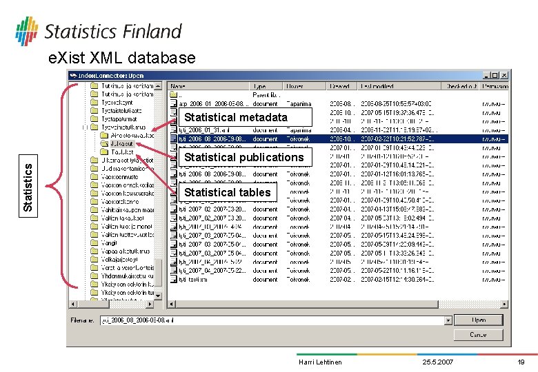 e. Xist XML database Statistical metadata Statistics Statistical publications Statistical tables Harri Lehtinen 25.