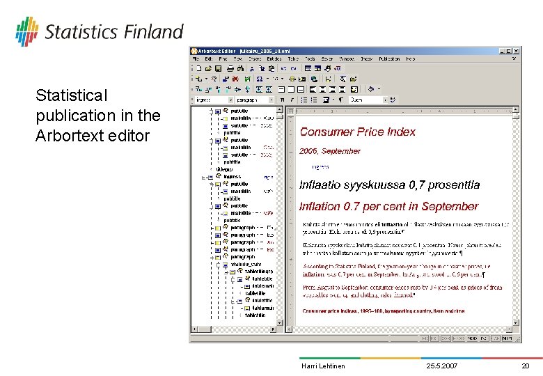 Statistical publication in the Arbortext editor Harri Lehtinen 25. 5. 2007 20 