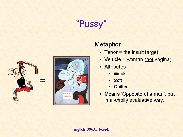 “Pussy” Metaphor • Tenor = the insult target • Vehicle = woman (not vagina) “Pussy” Metaphor • Tenor = the insult target • Vehicle = woman (not vagina)
